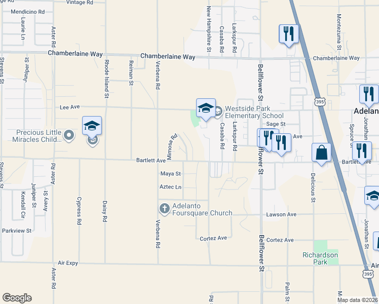 map of restaurants, bars, coffee shops, grocery stores, and more near 18107 Poinciana Road in Adelanto