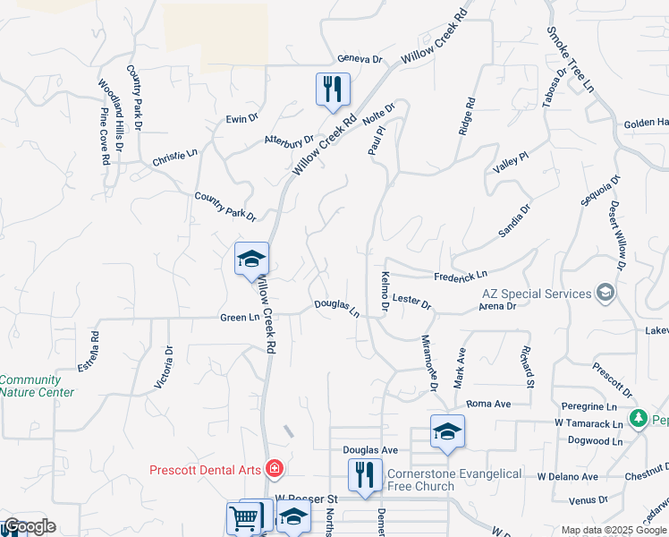 map of restaurants, bars, coffee shops, grocery stores, and more near 2157 Elkhorn Drive in Prescott