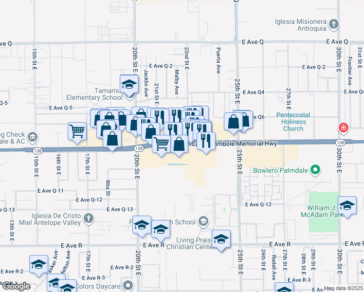 map of restaurants, bars, coffee shops, grocery stores, and more near 2162 East Palmdale Boulevard in Palmdale