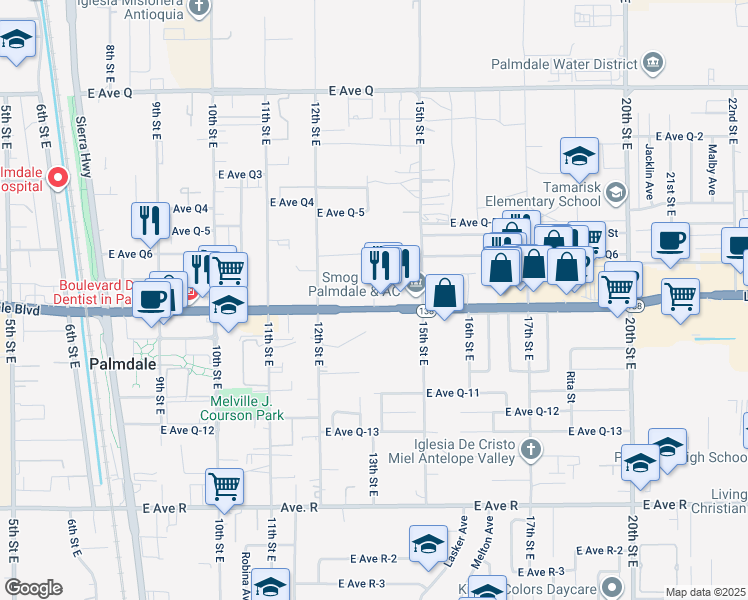 map of restaurants, bars, coffee shops, grocery stores, and more near 1309 East Palmdale Boulevard in Palmdale