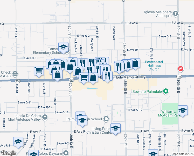 map of restaurants, bars, coffee shops, grocery stores, and more near 2162 East Palmdale Boulevard in Palmdale