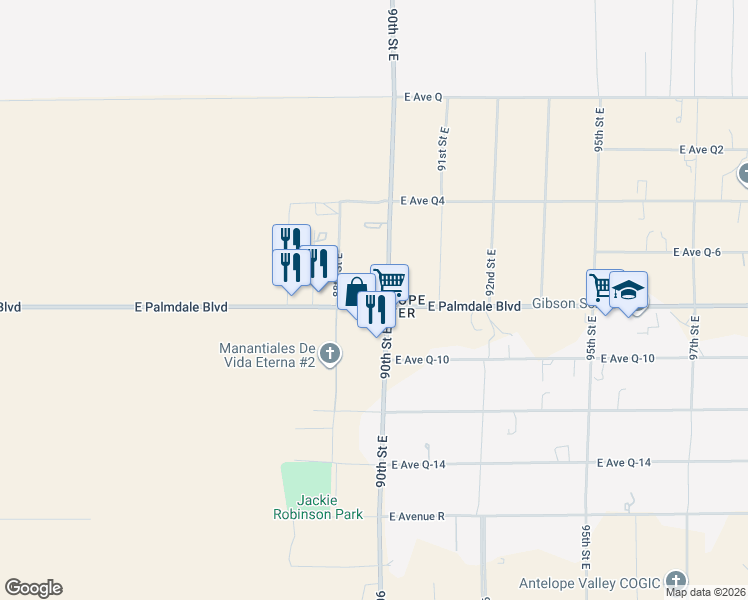 map of restaurants, bars, coffee shops, grocery stores, and more near 8837 East Palmdale Boulevard in Palmdale