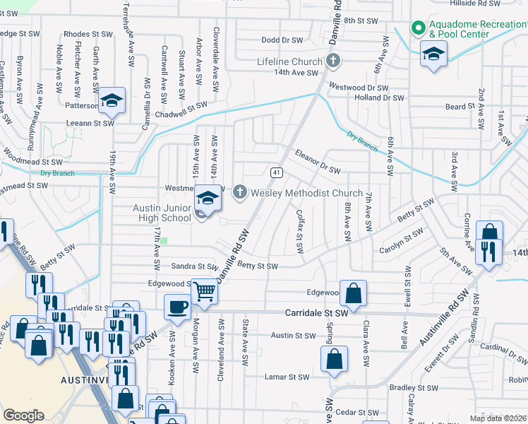 map of restaurants, bars, coffee shops, grocery stores, and more near 1620 Danville Road Southwest in Decatur