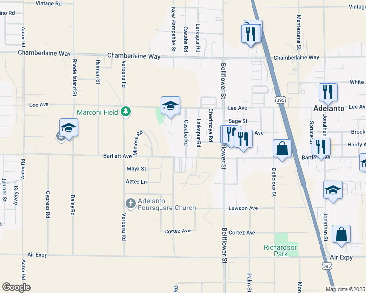 map of restaurants, bars, coffee shops, grocery stores, and more near 18125 Casaba Road in Adelanto