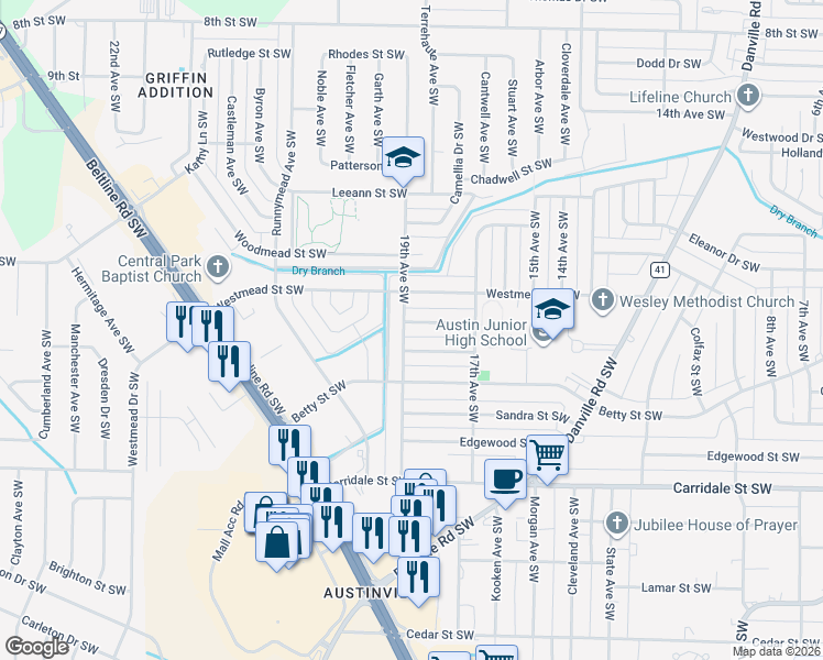 map of restaurants, bars, coffee shops, grocery stores, and more near 1712 Iris Street Southwest in Decatur