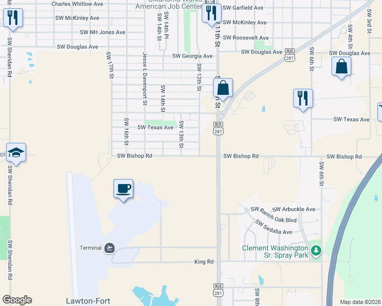 map of restaurants, bars, coffee shops, grocery stores, and more near in Lawton