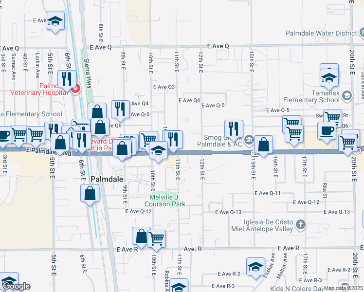 map of restaurants, bars, coffee shops, grocery stores, and more near 1107 East Palmdale Boulevard in Palmdale