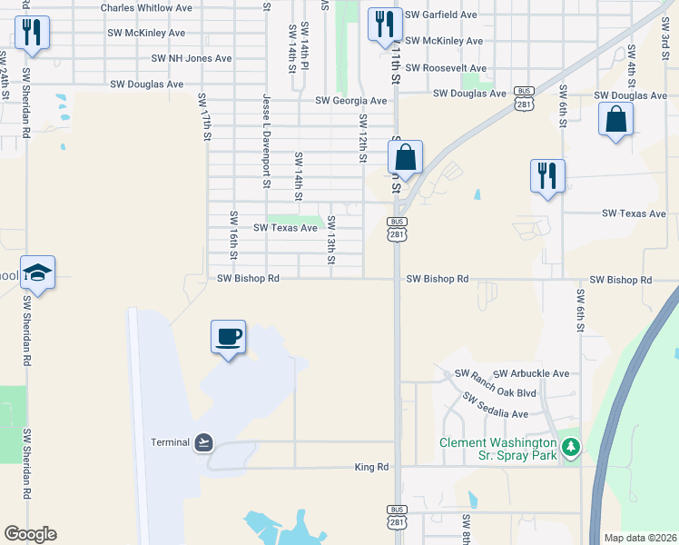 map of restaurants, bars, coffee shops, grocery stores, and more near in Lawton