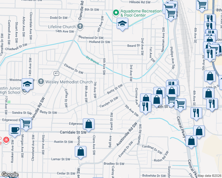 map of restaurants, bars, coffee shops, grocery stores, and more near 507 Betty Street Southwest in Decatur