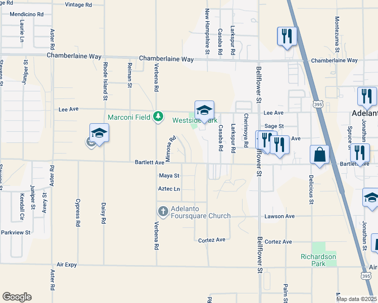 map of restaurants, bars, coffee shops, grocery stores, and more near 18125 Poinciana Road in Adelanto