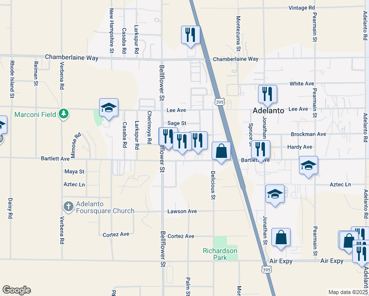 map of restaurants, bars, coffee shops, grocery stores, and more near 11374 Bartlett Avenue in Adelanto