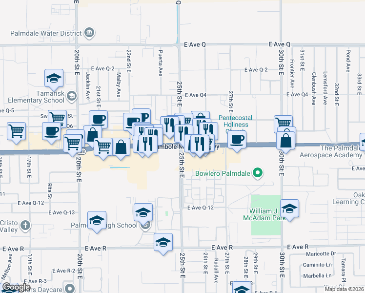 map of restaurants, bars, coffee shops, grocery stores, and more near 1003 West Avenue O in Palmdale