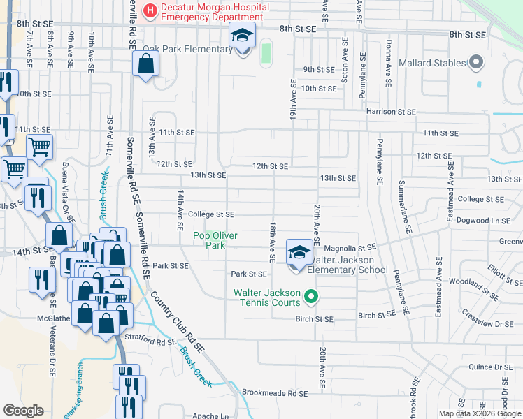 map of restaurants, bars, coffee shops, grocery stores, and more near 1617 College Street Southeast in Decatur