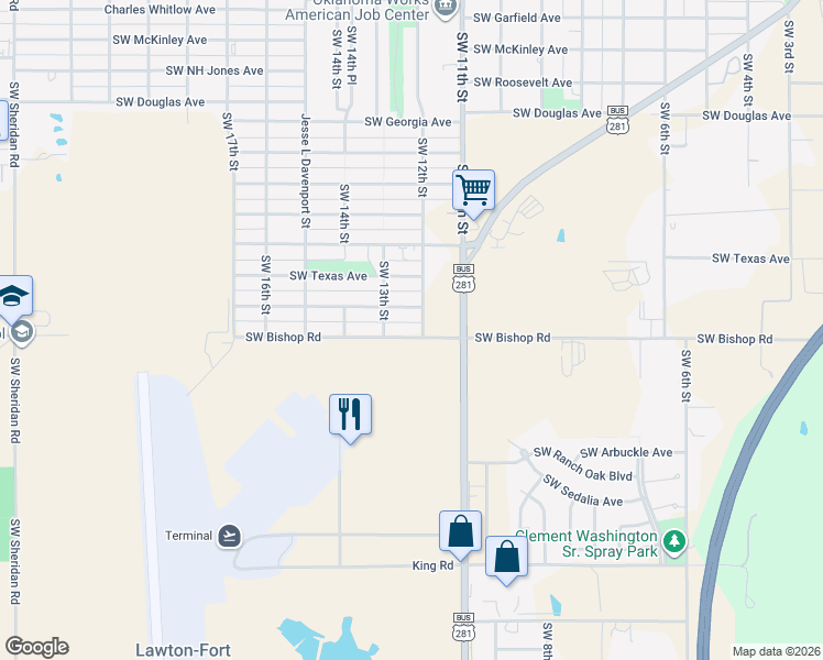 map of restaurants, bars, coffee shops, grocery stores, and more near 1100-1198 SW Bishop Rd in Lawton