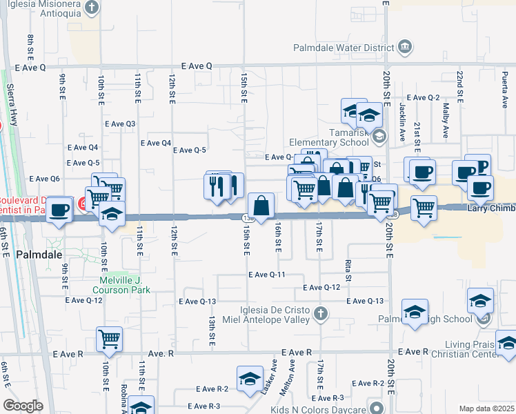 map of restaurants, bars, coffee shops, grocery stores, and more near 1529 East Palmdale Boulevard in Palmdale
