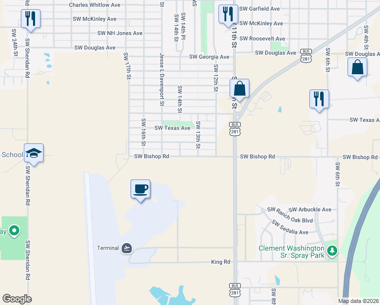 map of restaurants, bars, coffee shops, grocery stores, and more near 1323 Southwest Bishop Road in Lawton