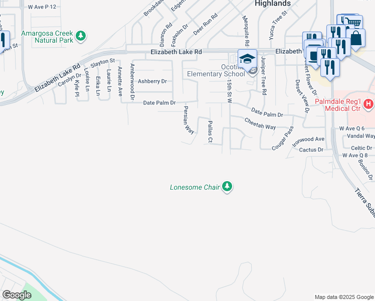 map of restaurants, bars, coffee shops, grocery stores, and more near 1646 Korat Drive in Palmdale