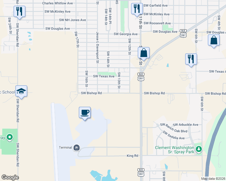 map of restaurants, bars, coffee shops, grocery stores, and more near 1323 Southwest Bishop Road in Lawton