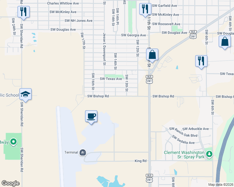 map of restaurants, bars, coffee shops, grocery stores, and more near 1323 Southwest Bishop Road in Lawton
