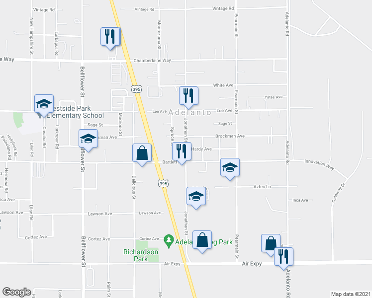 map of restaurants, bars, coffee shops, grocery stores, and more near Hardy Avenue in Adelanto