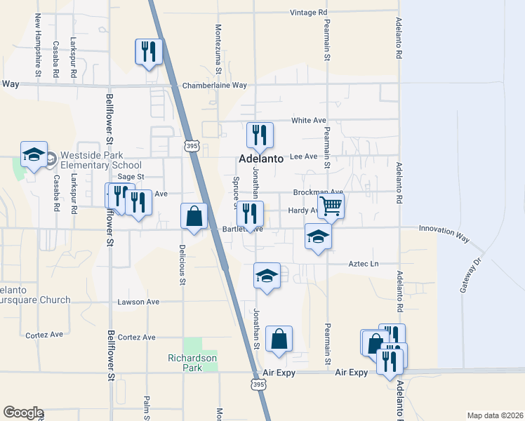 map of restaurants, bars, coffee shops, grocery stores, and more near 11720 Hardy Avenue in Adelanto