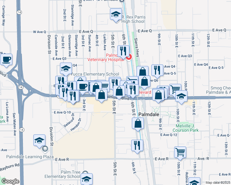 map of restaurants, bars, coffee shops, grocery stores, and more near 510 East Palmdale Boulevard in Palmdale