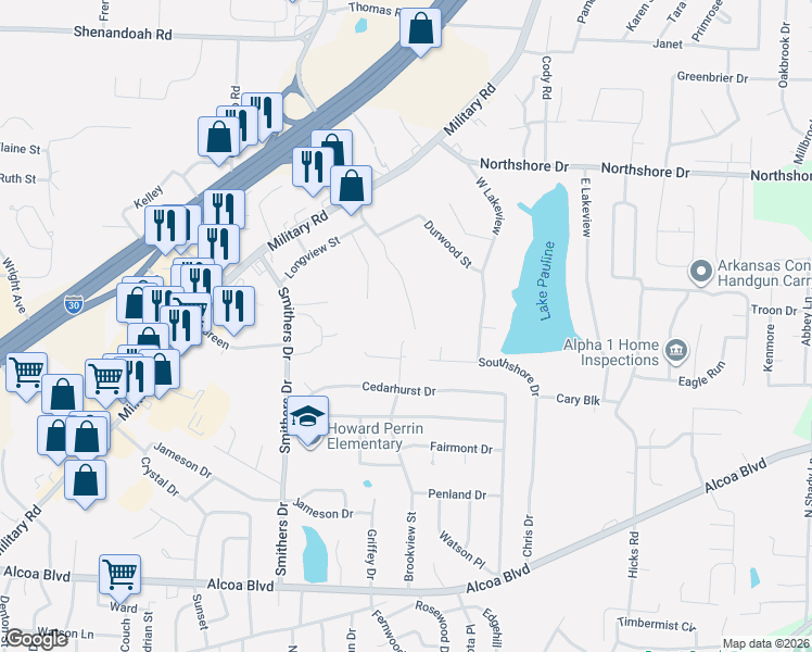 map of restaurants, bars, coffee shops, grocery stores, and more near 1703 Brookview Street in Benton