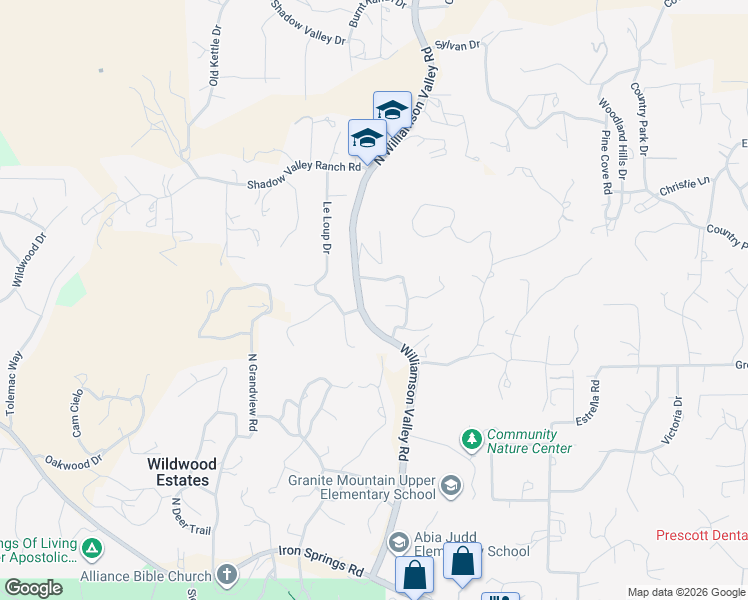 map of restaurants, bars, coffee shops, grocery stores, and more near 2325 Williamson Valley Road in Prescott