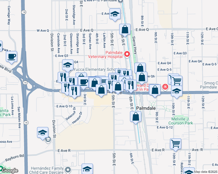 map of restaurants, bars, coffee shops, grocery stores, and more near 465 East Palmdale Boulevard in Palmdale