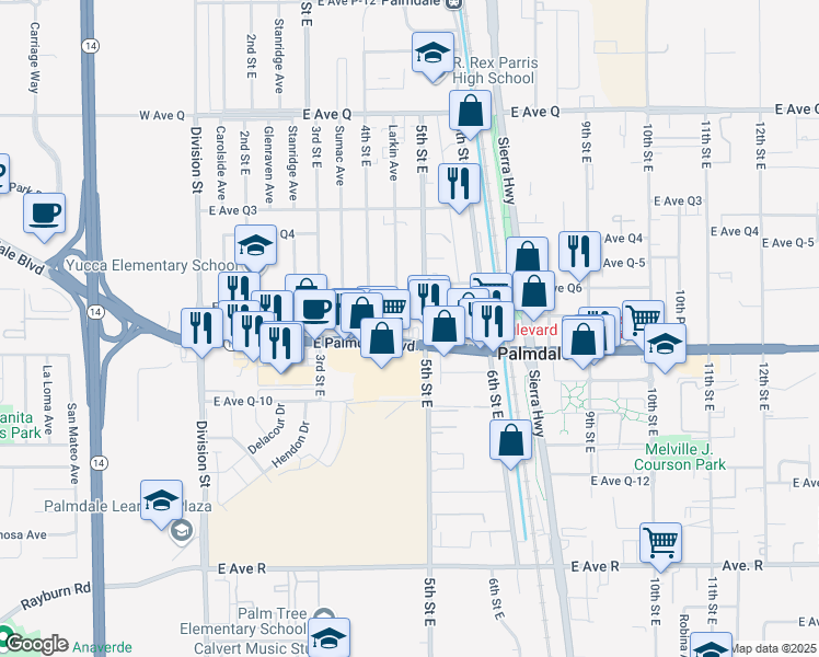 map of restaurants, bars, coffee shops, grocery stores, and more near 465 East Palmdale Boulevard in Palmdale