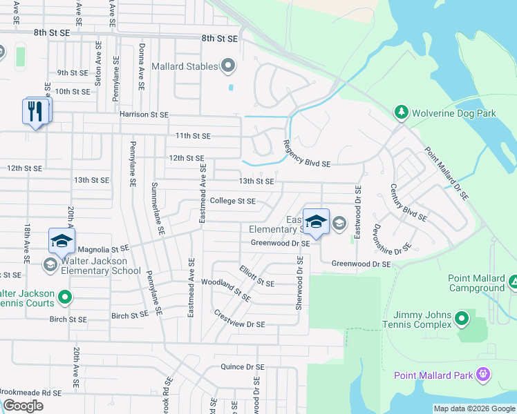 map of restaurants, bars, coffee shops, grocery stores, and more near 2402 College Street Southeast in Decatur