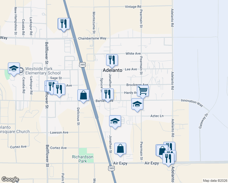 map of restaurants, bars, coffee shops, grocery stores, and more near 11720 Hardy Avenue in Adelanto