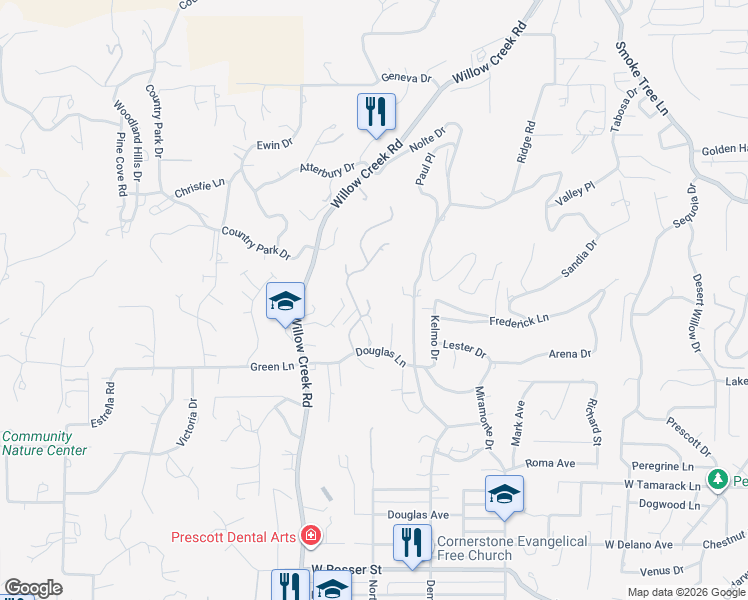 map of restaurants, bars, coffee shops, grocery stores, and more near 2173 Elkhorn Drive in Prescott