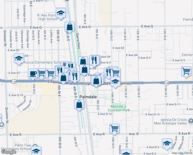 map of restaurants, bars, coffee shops, grocery stores, and more near 38453 9th Street East in Palmdale