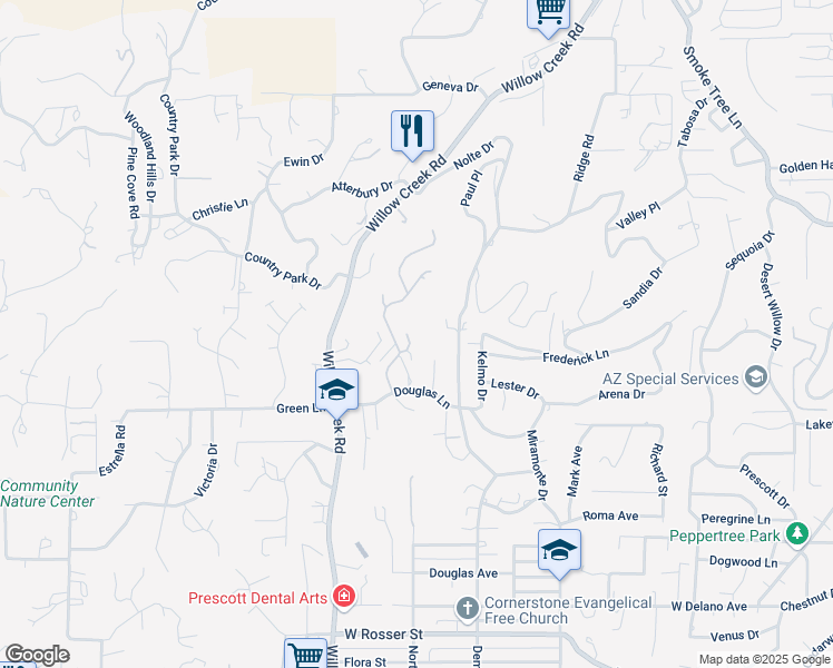 map of restaurants, bars, coffee shops, grocery stores, and more near 2173 Elkhorn Drive in Prescott