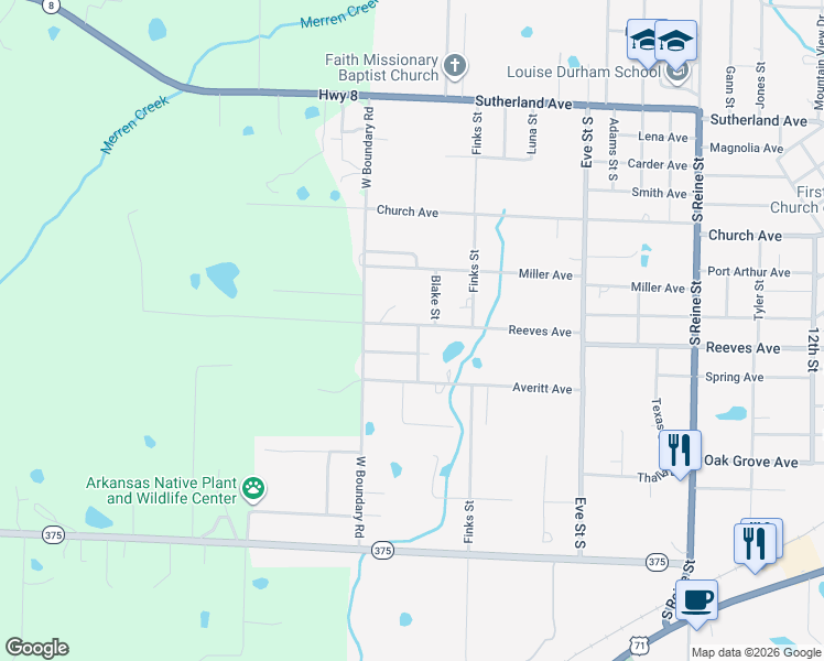 map of restaurants, bars, coffee shops, grocery stores, and more near 809 Blake Street in Mena