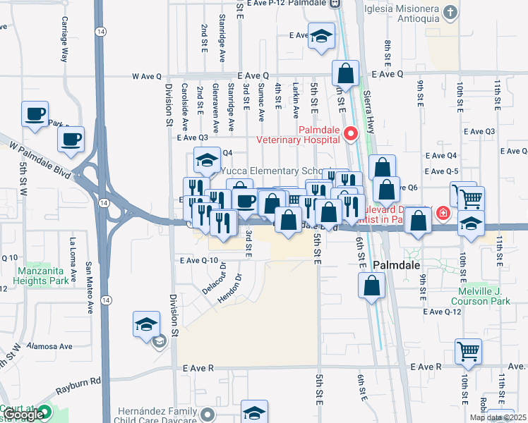 map of restaurants, bars, coffee shops, grocery stores, and more near 333 East Avenue Q7 in Palmdale
