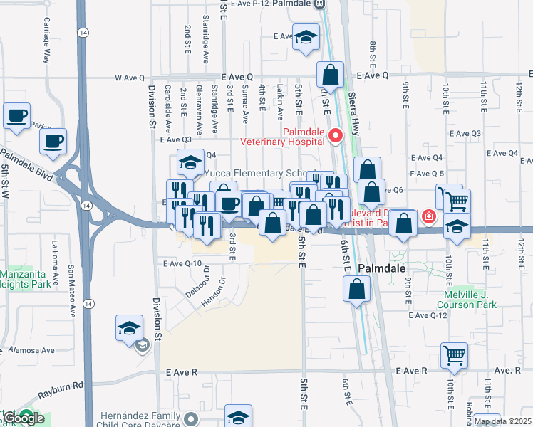 map of restaurants, bars, coffee shops, grocery stores, and more near East Palmdale Boulevard in Palmdale