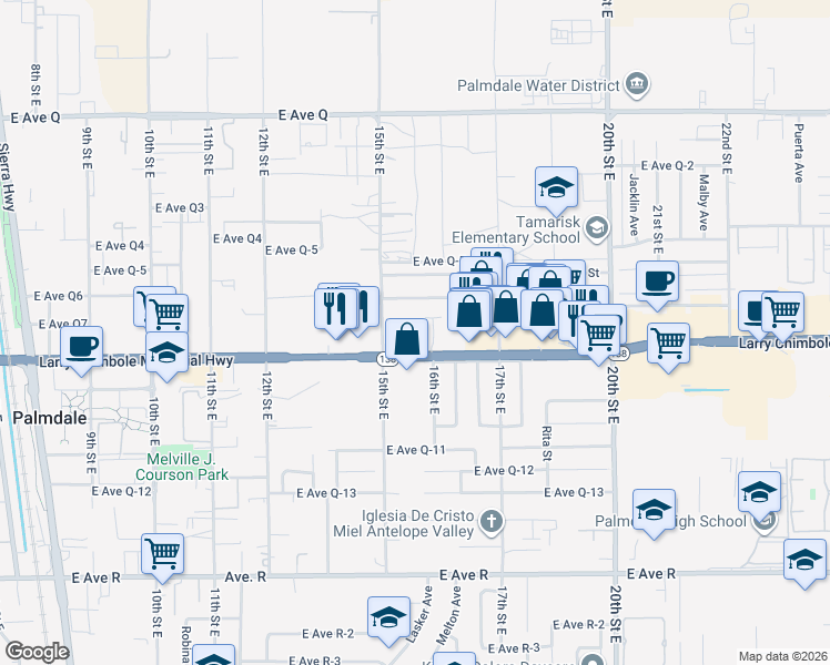 map of restaurants, bars, coffee shops, grocery stores, and more near 1529 East Palmdale Boulevard in Palmdale