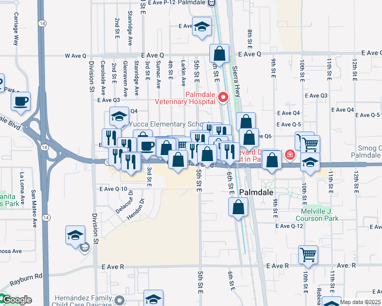 map of restaurants, bars, coffee shops, grocery stores, and more near 465 East Palmdale Boulevard in Palmdale