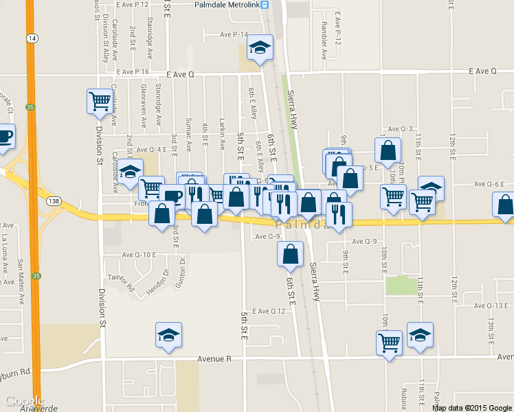 map of restaurants, bars, coffee shops, grocery stores, and more near 533 East Palmdale Boulevard in Palmdale