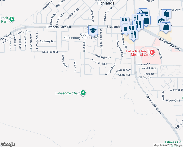 map of restaurants, bars, coffee shops, grocery stores, and more near 38422 Puma Lane in Palmdale
