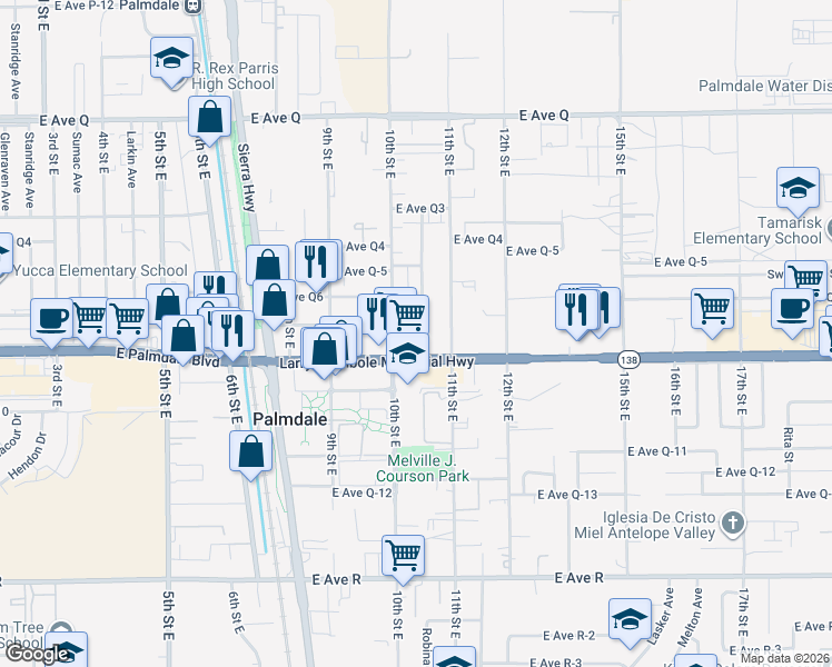 map of restaurants, bars, coffee shops, grocery stores, and more near 38423 10th Place East in Palmdale