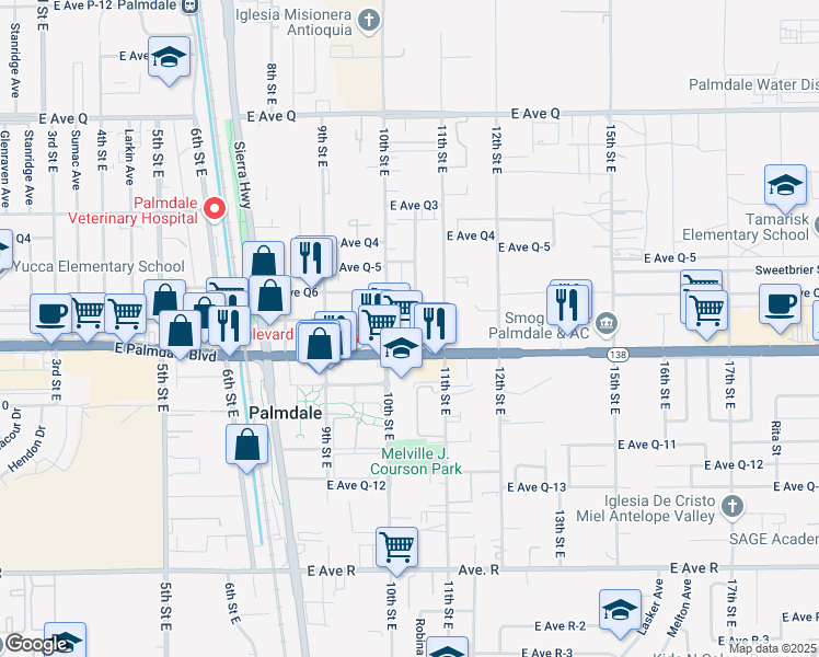 map of restaurants, bars, coffee shops, grocery stores, and more near 38423 10th Place East in Palmdale