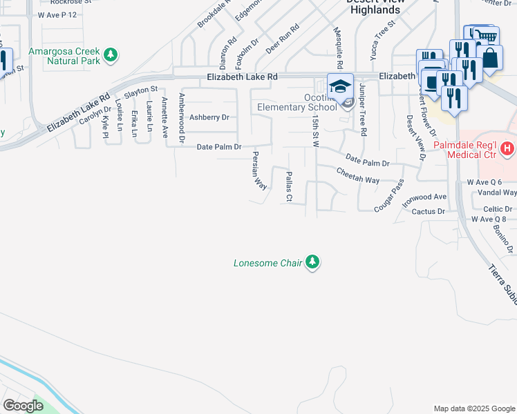 map of restaurants, bars, coffee shops, grocery stores, and more near 1646 Korat Drive in Palmdale