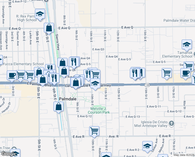map of restaurants, bars, coffee shops, grocery stores, and more near 38423 10th Place East in Palmdale