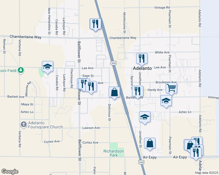 map of restaurants, bars, coffee shops, grocery stores, and more near Delicious Street in Adelanto
