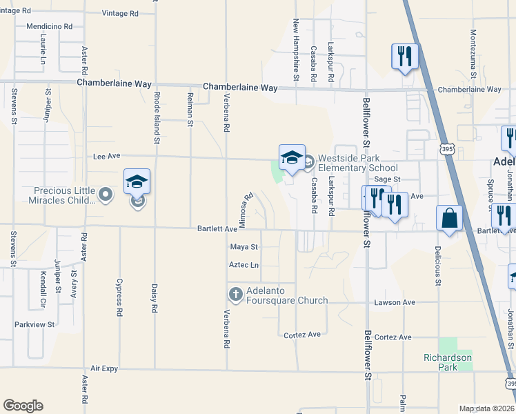 map of restaurants, bars, coffee shops, grocery stores, and more near 18140 Poinciana Road in Adelanto