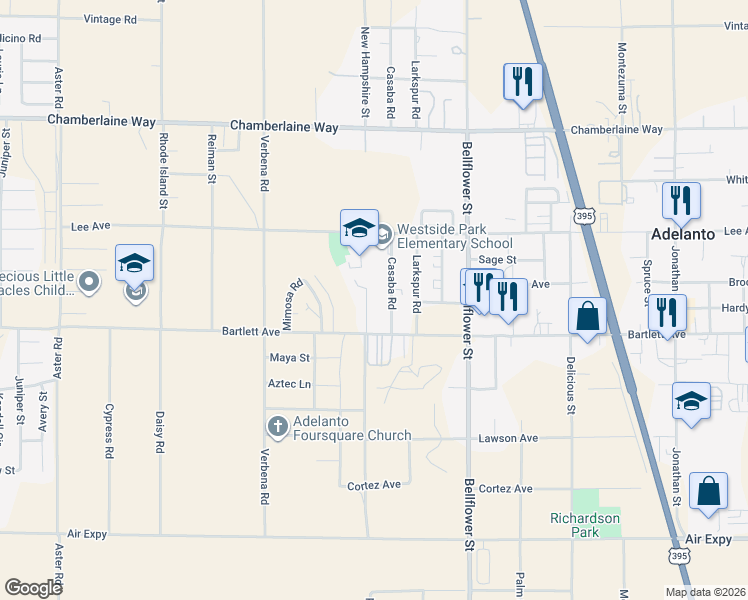 map of restaurants, bars, coffee shops, grocery stores, and more near 18206 Lilac Road in Adelanto