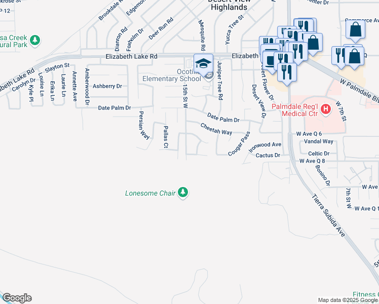 map of restaurants, bars, coffee shops, grocery stores, and more near 38422 Puma Lane in Palmdale
